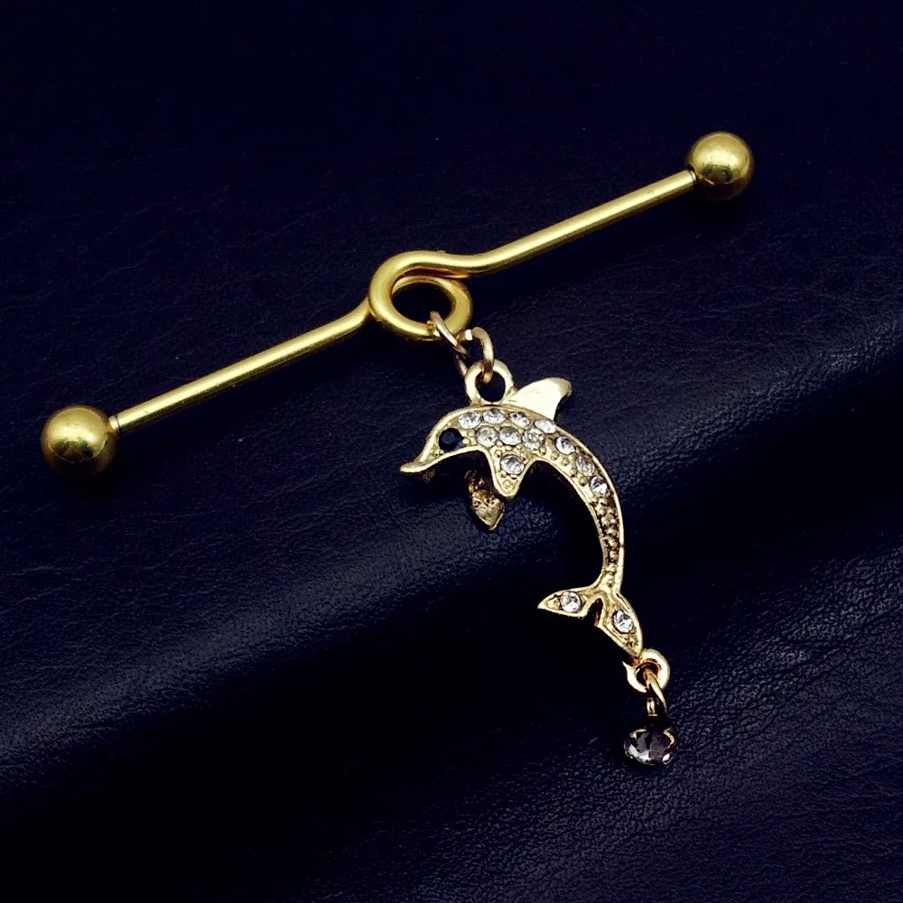 1pcs New Surgical Stainless Steel 14g Gold Dolphin Industrial Barbell