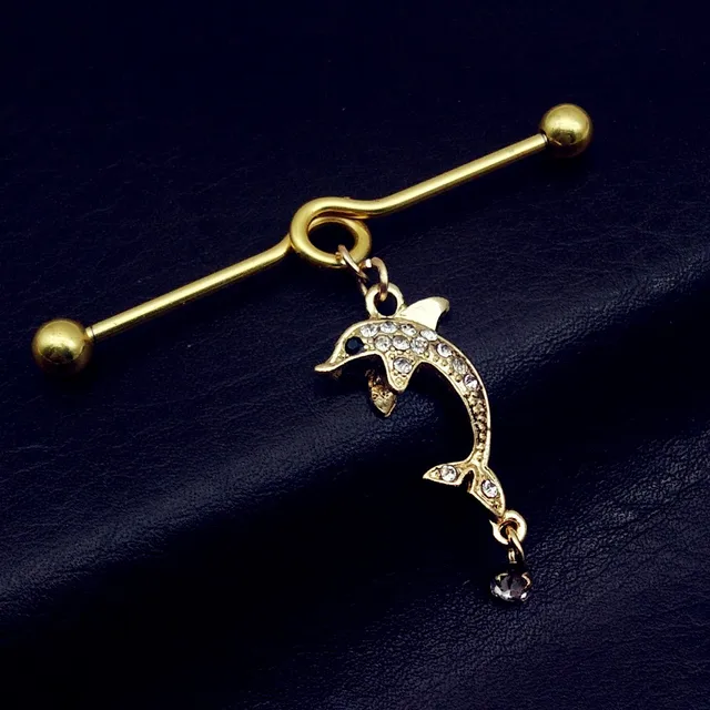 1pcs New Surgical Stainless Steel 14g Gold Dolphin 1pcs New Surgical Stainless Steel 14g Gold Dolphin Barbell Piercing Dangle Ear Jewelry Free