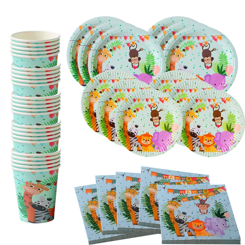 

Jungle safari Disposable tableware Kids favors Animal lion paper plate/cups/napkin Entertain Baby shoer Birthday party Decor