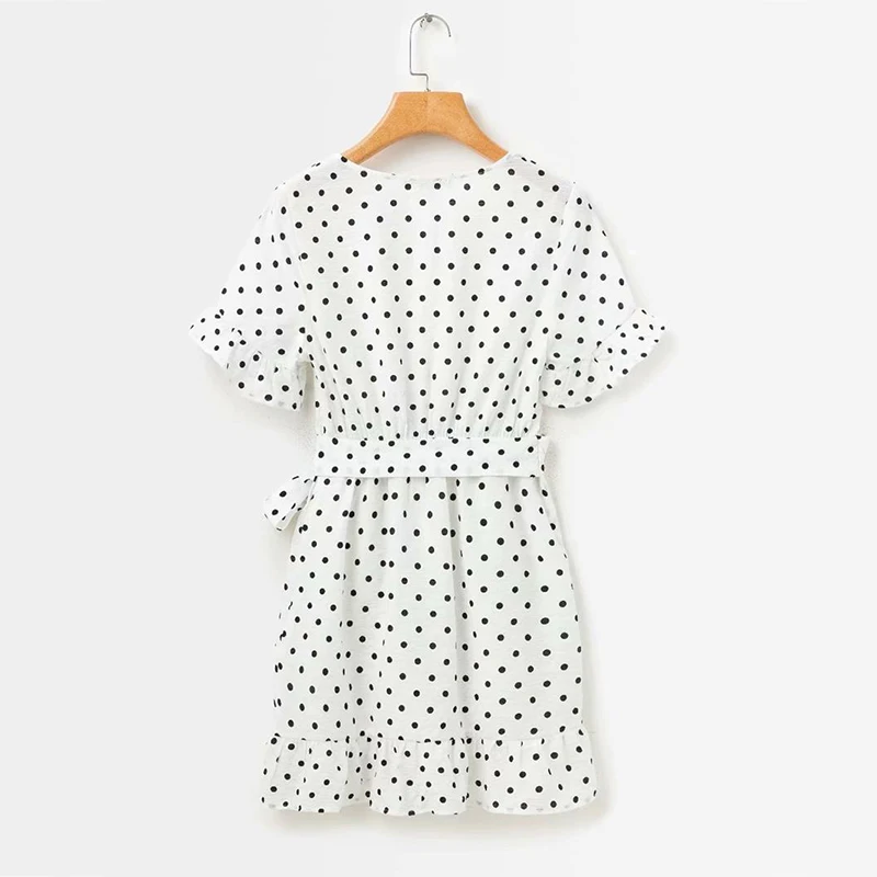 yinlinhe Polka Dot Wrap Dress Women Short Sleeve V neck White Summer Dress Belt Bow Knot Elegant Ruffles Vestido   6