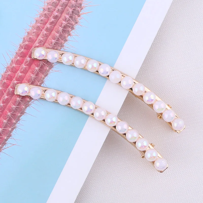 2pcs/set Pearl Flower Hair Clips Alligator Duckbill Long Hairpins Barrettes Candy Rainbow Color Hair Accessories for Women Girls - Цвет: Bend clip-White