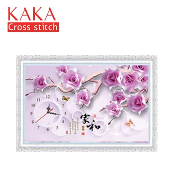 

KAKA Cross stitch kits,5D Clock Purple Flowers,Embroidery needlework sets with printed pattern,11CT canvas,Home Decor Painting