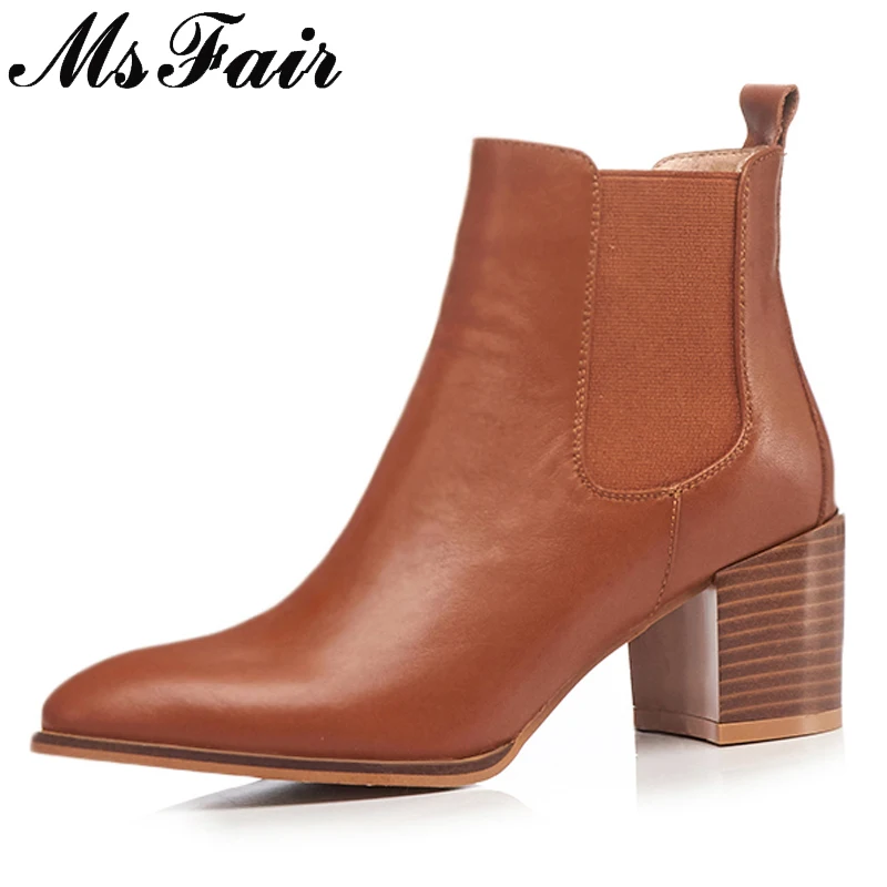 

MSFAIR Pointed Toe Square heel Women Boots Fashion Mid Heel Black Brown Ankle Boots Women Shoes Short Plush Boots Shoes Woman