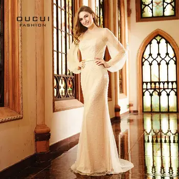 

2019 Luxry Pearls Long Sleeve Evening Dress Dubai Fashion Sexy Mermaid Elegant Prom Dresses Vintage Vestido Real Photo OL103119