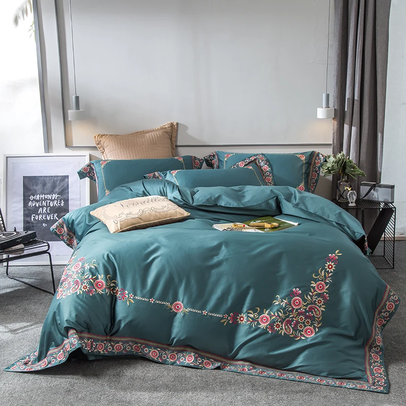 

Luxury Green Purple Blue Pink White Red 60S Egyptian Cotton Flower Embroidery Bedding Set Duvet Cover Bed sheet/Linen Pillowcase