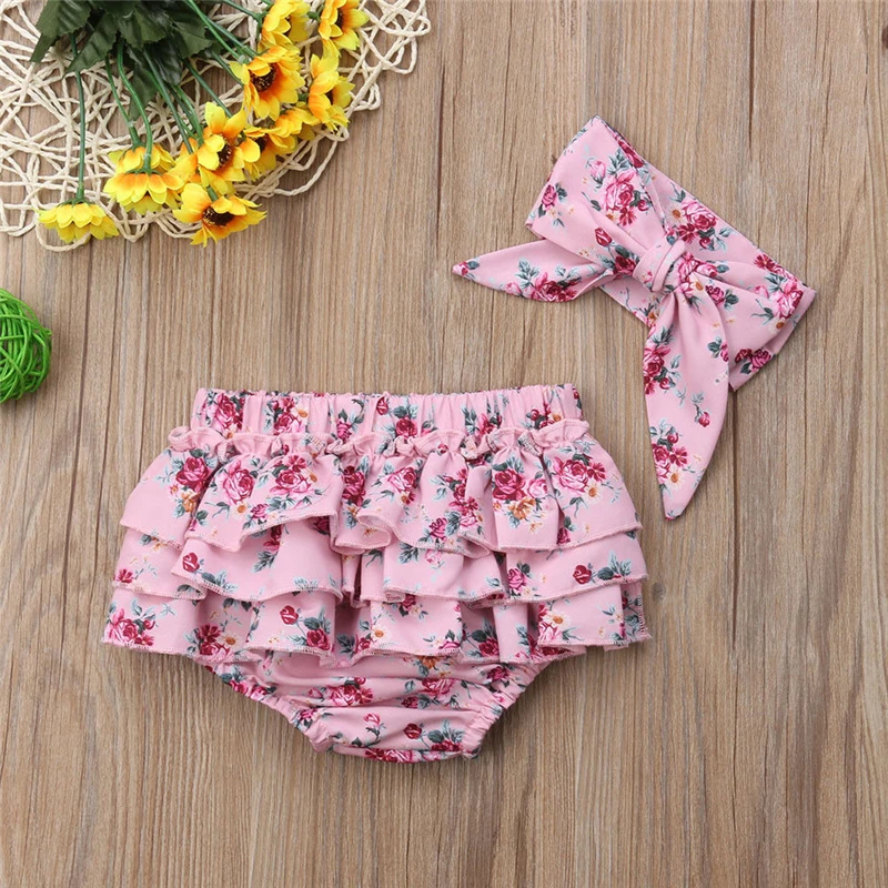 Girls Shorts Fashion Toddler Baby Girl PP Bottoms Kids Ruffle Floral Pants Newborn Shorts Bloomers Panties Headbands 2Pc Costume