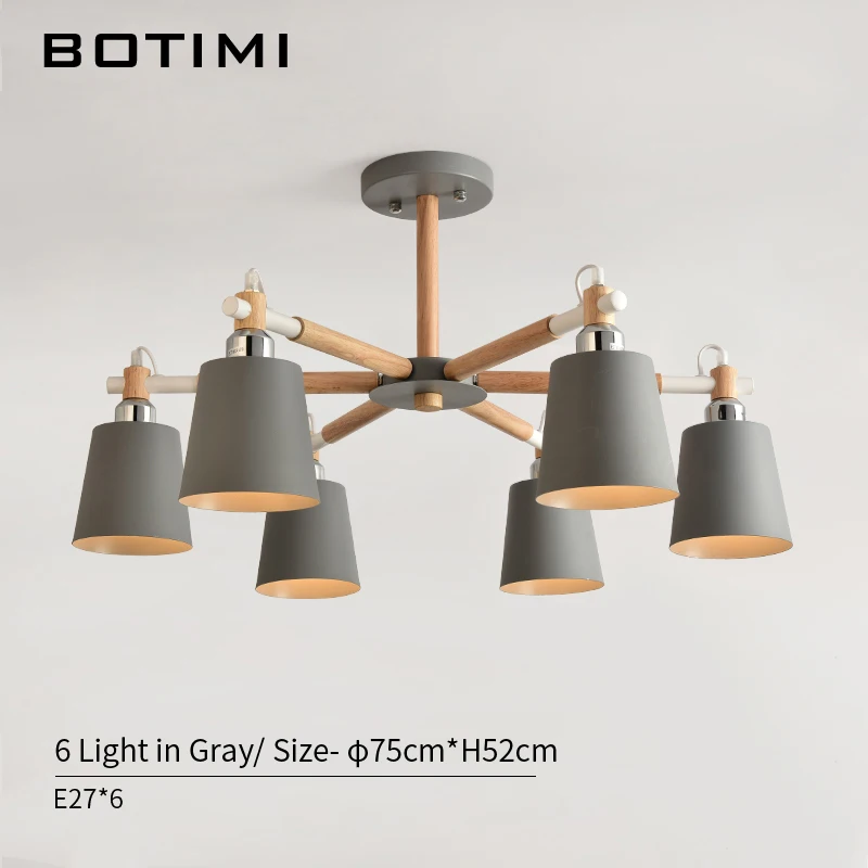 BOTIMI современный светодиодный Люстра для гостиной E27 люстры потолочные люстры с металлическим абажуром деревянные светильники для столовой - Цвет абажура: 6 Light in Gray