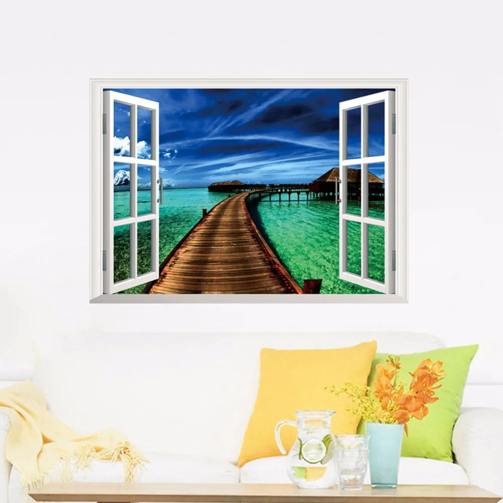 Home Decors 3D Fake Window Wall Stickers Coastline Scenery Pattern For