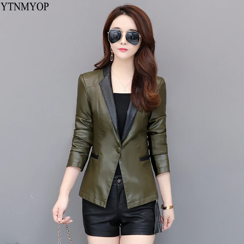 

YTNMYOP Leather Coat Women Slim One Button Blazer Female Spring Autumn Suit Jacket Outerwear Army Green Leather Clothing