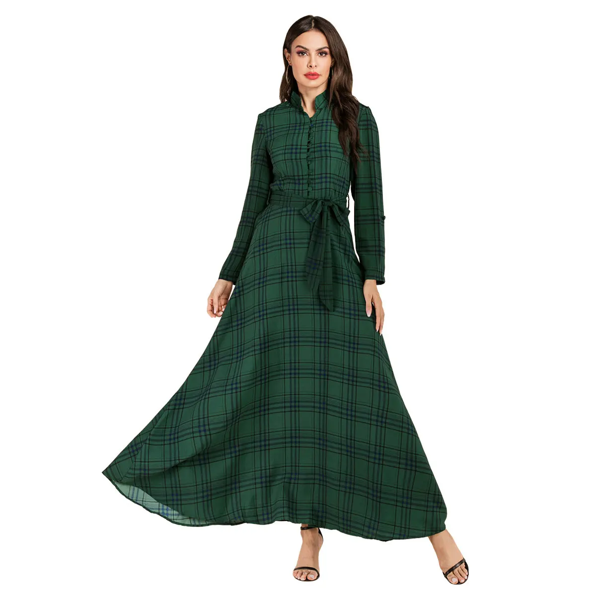 

2019 Autumn Striped Printed Bohemian Chiffon Maxi Dress With Sash Stand Collar Holiday Vestidos Single Breasted VKDR1725