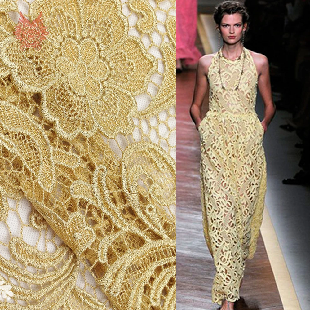 

African style gold floral embroidery guipure lace fabric for wedding party dress lace tissu tecidos telas steffon SP165