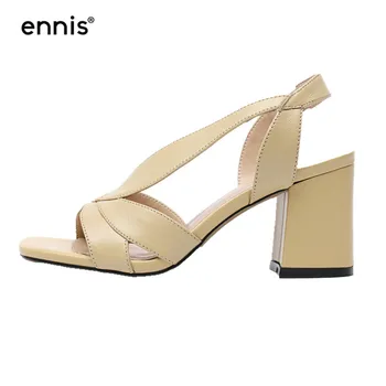 

ENNIS 2019 Chunky Heel Sandals Women Genuine Leather Sandals Open Toe Square Heel Sandals Black Apricot Summer Shoes NEW S968