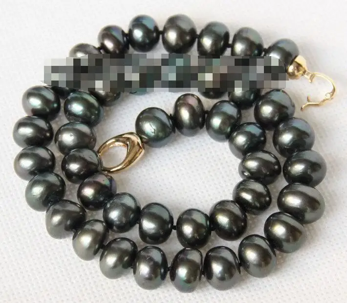 

natural 17" 12 mm peacock black FW pearls necklace yellow Clasp