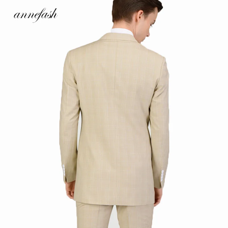 Made high quality 150's worsted wool beige windowpane Men Suit for wedding bridegroom groom suit