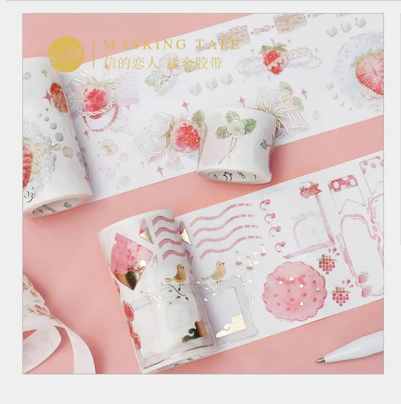 

Gold foil strawberry party fruit donut dessert bread vine lace washi tape DIY planner scrapbooking masking tape escolar