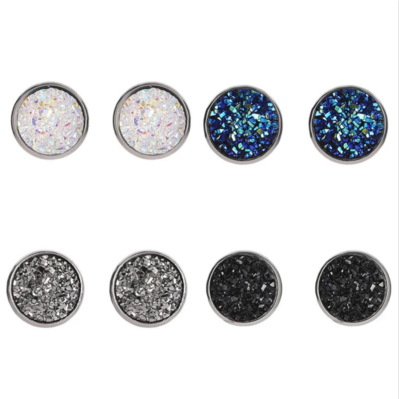 

Multi Color Round Navy Blue Black Red Yellow Rough Druzy Drusy Stone Bead Charm Silver Color Push Back Stud Earrings For Women
