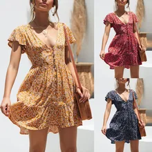 Dress 2019Top  Womens Boho Floral Summer Party Evening Beach Short Mini Dress Sundress