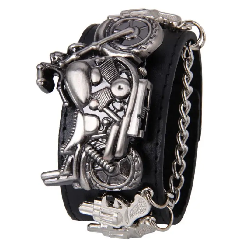 

2018 Synthetic Leather Stainless Steel Punk Rock Chain Skull Band Unisex Bracelet Cuff Gothic Wrist Watch Levete Dropshipping
