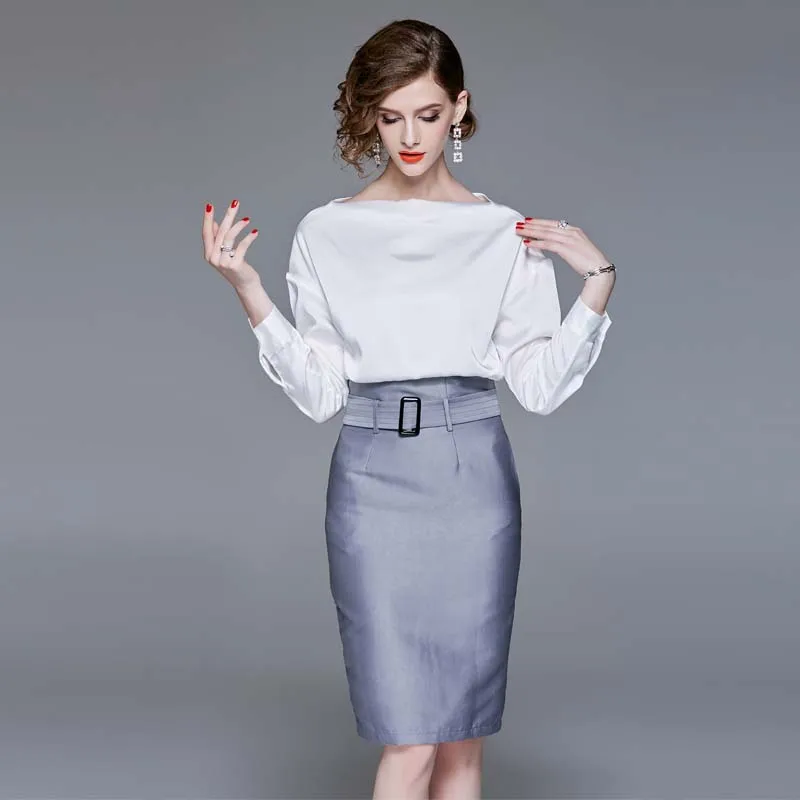 Ol pièce Longues Robe Automne Costume Professionnel 2018 Dress Trajet Manches Blanc Chemise Moitié Épaule Nouvelle Tempérament Deux Une À White Rqxtw7TFn