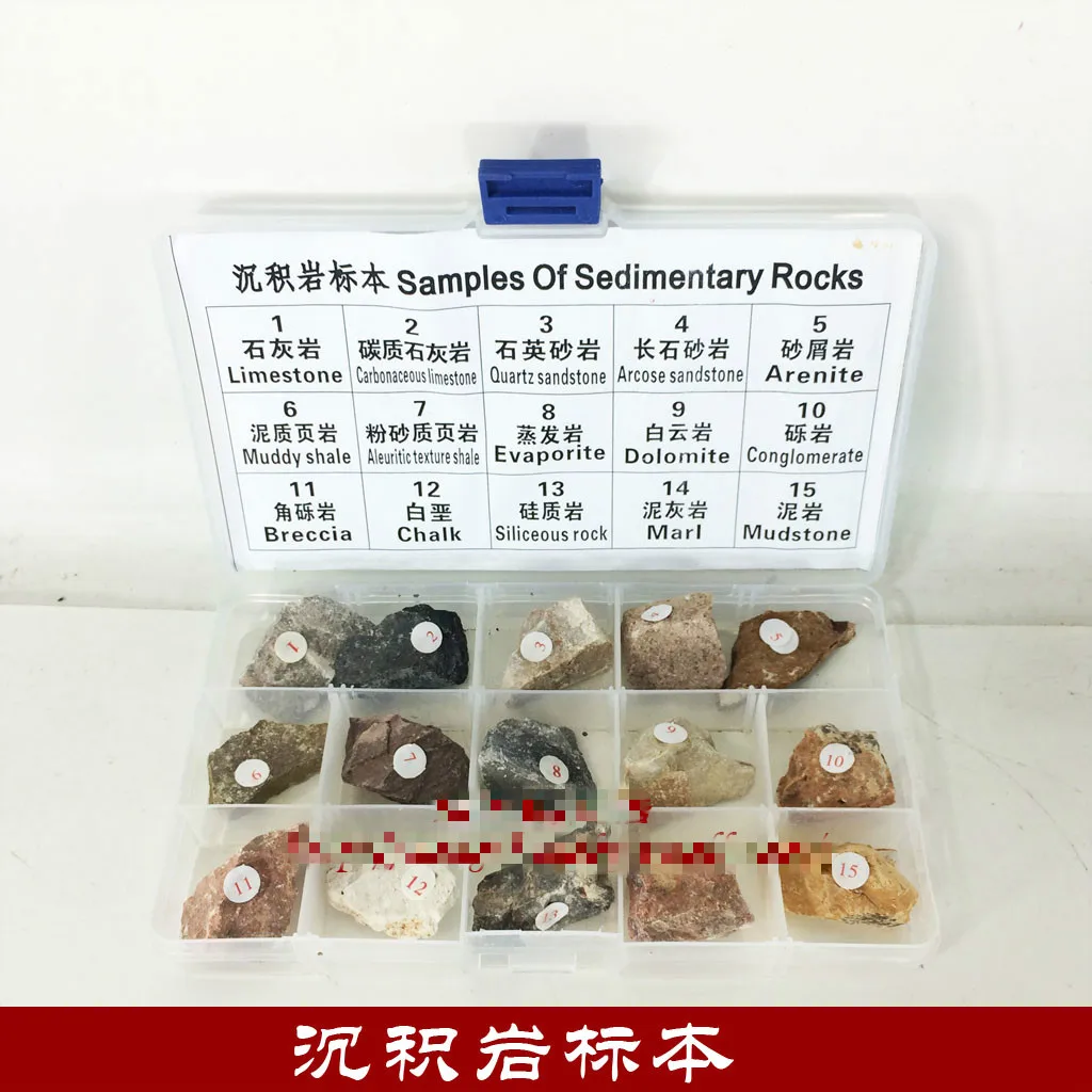 15 samples of sedimentary rock samples of three rocks layered structure