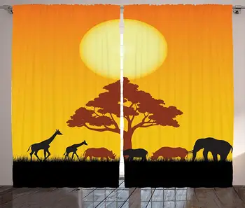 

Safari Decor Curtains Silhouette of Rhinos Elephants Zebras Grassland and A Tree with Sun The Back Living Room Bedroom Decor