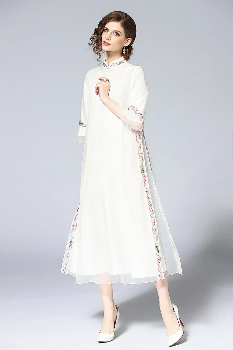 Элегантное женское длинное платье Cheongsam с вышивкой, высокое качество, воротник-стойка, Сплит, женские длинные платья, летние модные