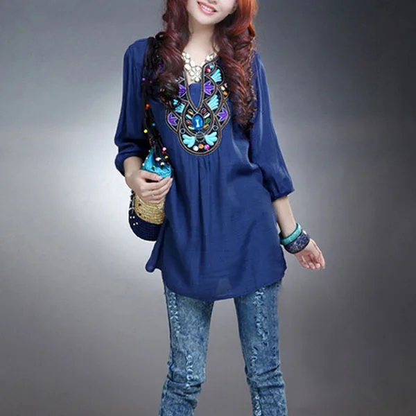 

New 2015 Women national embroidery long shirt floral beading viscose large loose half sleeve vintage blouse L XL XXL XXXL