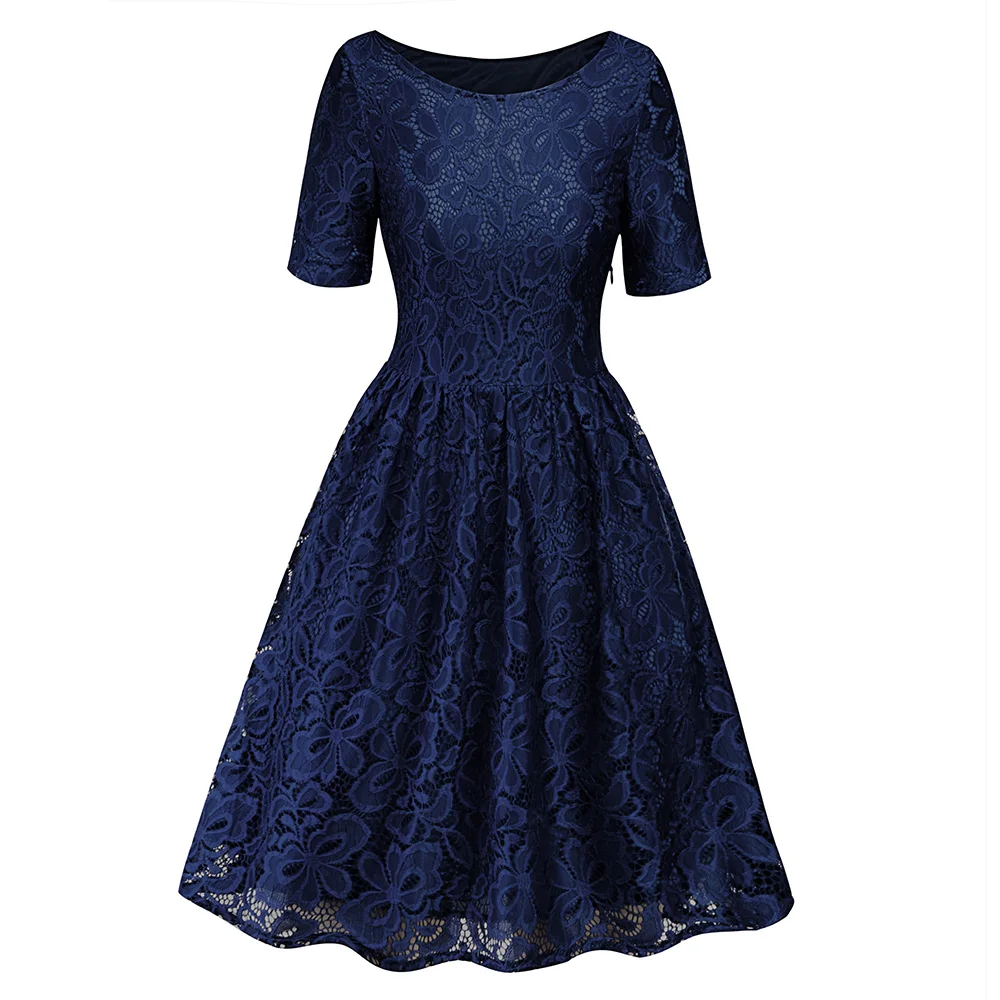 

Kenancy Women's Flower Lace Round Neck Mid-sleeve Bow Dress