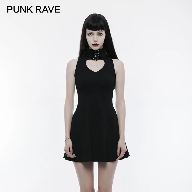 

PUNK RAVE Women Gothic Hollow Out Sexy Dress Women Elastic Cotton Knitted Punk Dress Bandage High Collar Black Women Dress