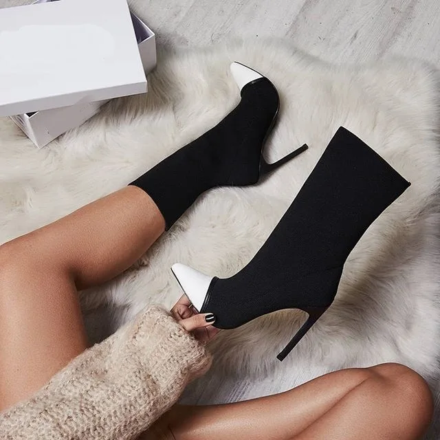 

New Arriva Stretch Fabric Women Ankle Boots Pointed Toe High Heels Slip-On Sexy Sock heels Chelsea Boots 2019