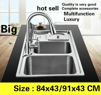 Cheap Free Shipping Apartment Kitchen Double Groove Sink Vogue Multifunction Do The Dishes 304 Stainless Steel Hot Sell 84x43/91x43 CM