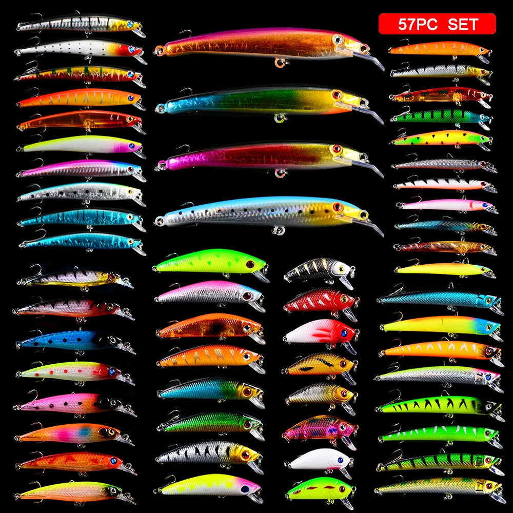 New 57pcs/lot Fishing Lure Set Mixed 8 models Fishing Tackle 57 Colors