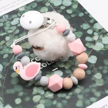 

Baby Pacifier Clips Attache Tetine Dummy Clip Silicone Beech Wood Bead Animal Swan Silicone Pendant Holder Chain Baby Gift