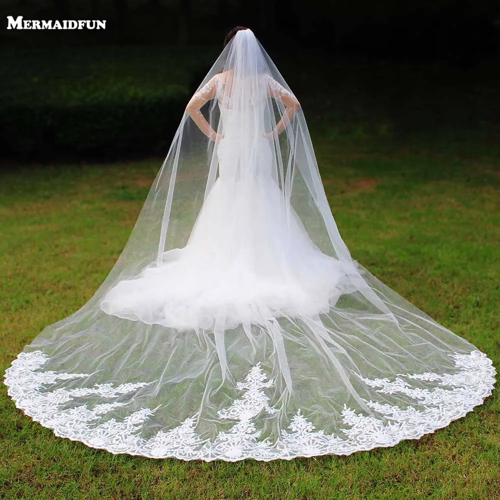 

2019 Real Photos One Layer 4 Meters Long Lace Woodland Wedding Veil with Comb 4 M Voile De Mariee Bridal Veil Veu De Noiva