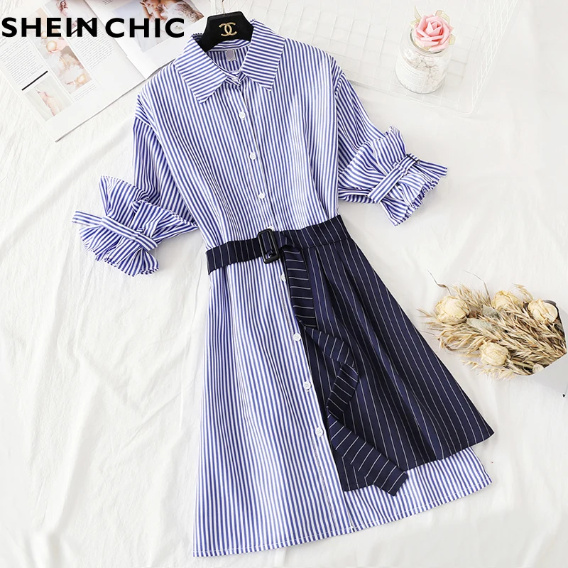 

2019 Office Lady Women Blue Striped Two Piece Set Elegant Single Breasted Long Blouse And Mini Skirt Two Female Piece Suits Sets