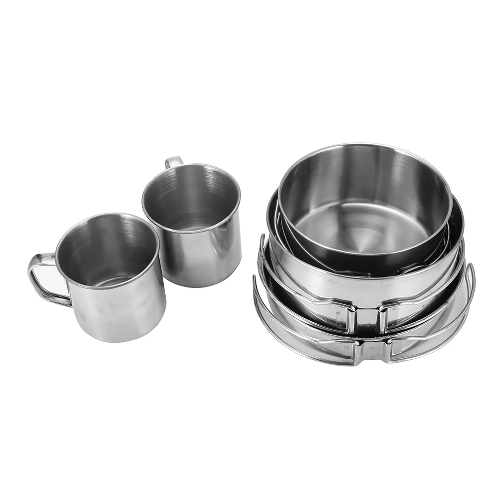 

8pcs Camping Cooker Set Dishes Cookware Kit Pot Pan Utensils Stainless Steel Backpacking Picnic Tableware BBQ Hiking Outdoor