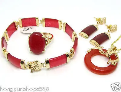 

FREE SHIPPING>>@> FREE SHIPPING18KGP Gold Plated Red jade necklace pendant earrings bracelet Ring Lucky Sets Natural jewelry
