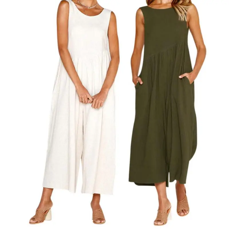 

Women Spring Summer Fashion Vest Solid Color Round Collar Romper Backless Pocket Wild Loose Jumpsuit