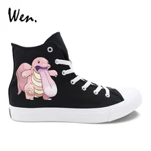 Вэнь однотонные черные высокие вулканизируют обувь Холст Граффити живопись Покемон Lickitung ручная роспись спортивная обувь повседневное