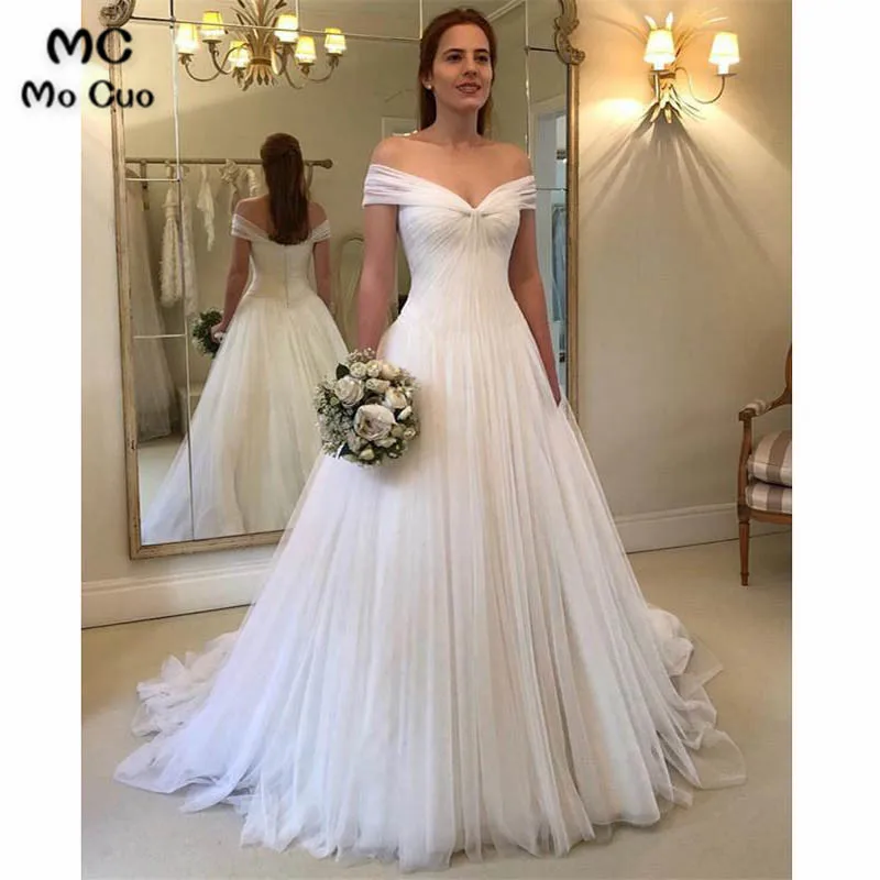 Elegant Pleated Tulle V-neck Off Shoulder Princess Wedding Dresses 20193