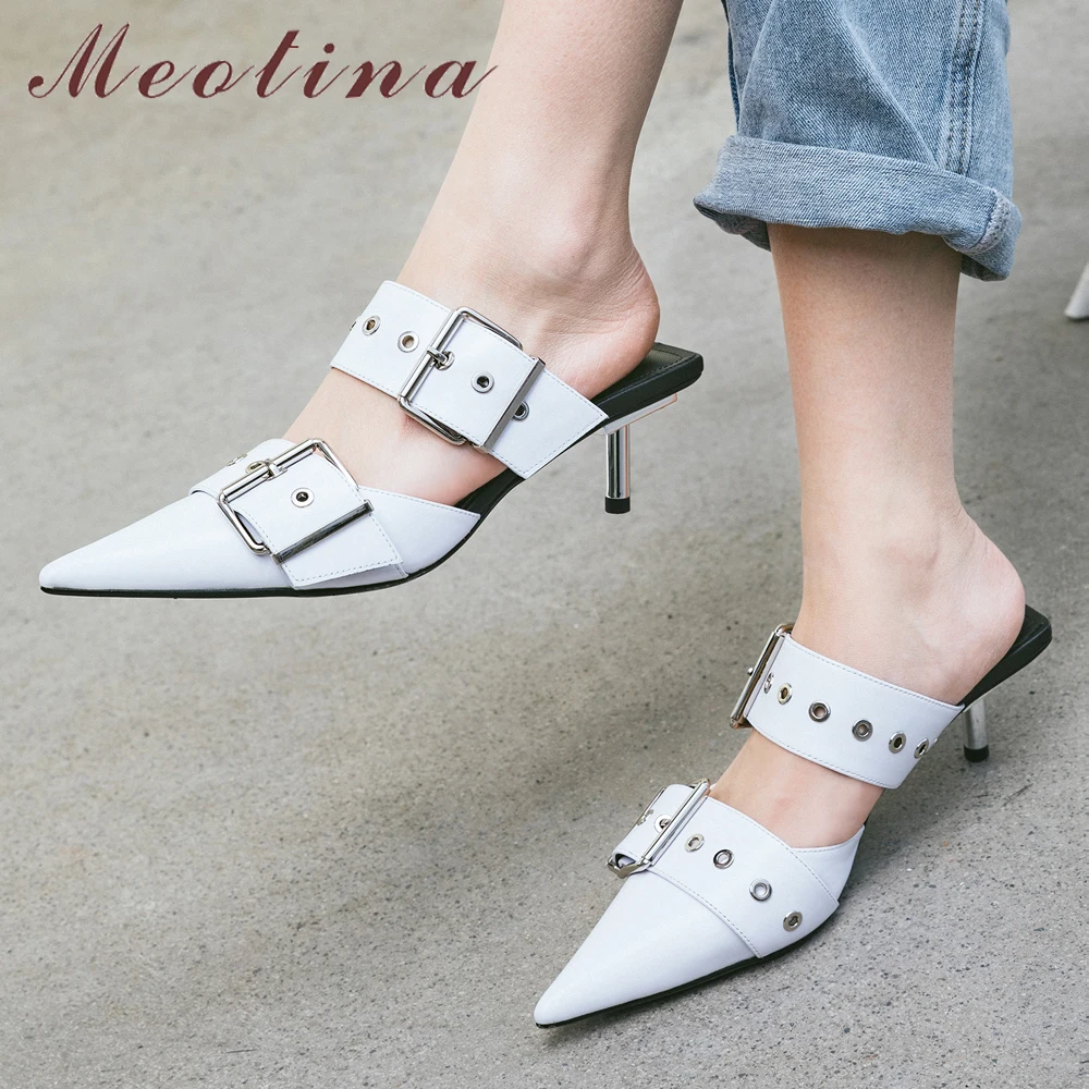 

Meotina Summer Slippers Women Shoes Natural Genuine Leather Stiletto Heels Mules Shoes Buckle Pointed Toe Slides Lady Sandals 39