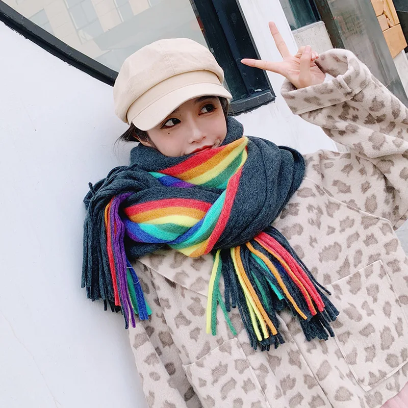Koop 2018 Winter Regenboog Kasjmier Sjaals dubbelzijdig Sjaal Vrouwelijke Kasjmier Kwastje Dikke Warme Sjaal Vier Kleuren Pashmina