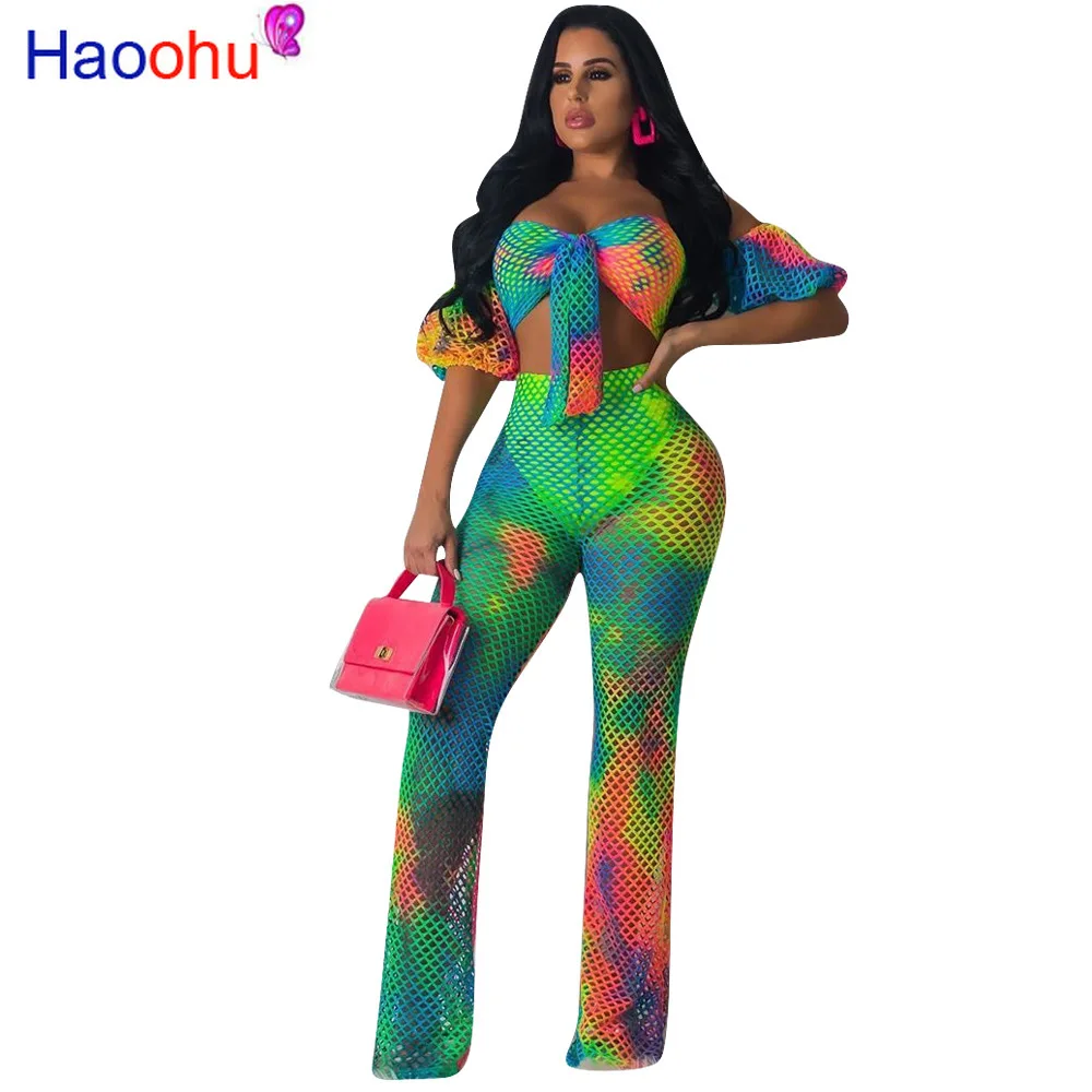 Сексуальный комплект из двух предметов Rainbow Tie Dye спортивный костюм ажурный