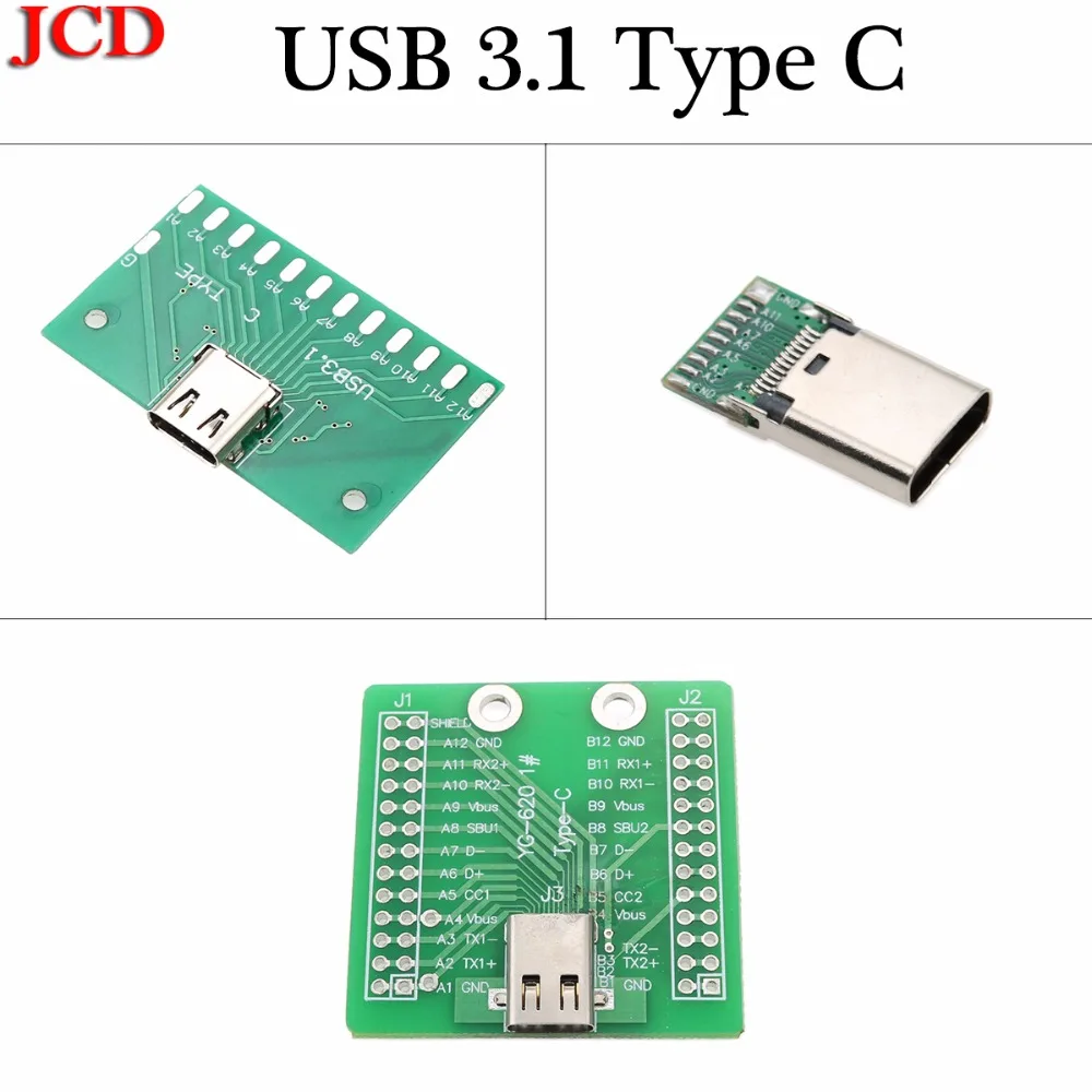 

JCD USB 3.1 Type C Connector 24 Pins Female Socket receptacle adapter to solder wire & cable 24P PCB Board support Test Board