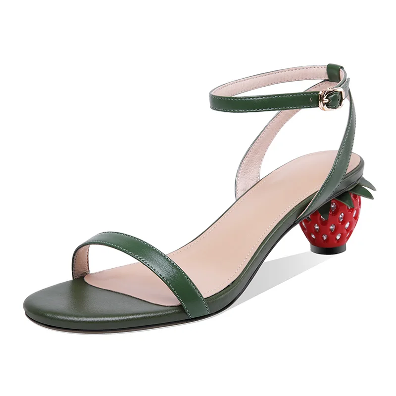 Krazing pot/ Полный зерна кожи роскошные женские сандалии с открытым носком бренд клубника на среднем каблуке Симпатичные sweety Дизайн Праздничная обувь L27 - Цвет: Армейский зеленый