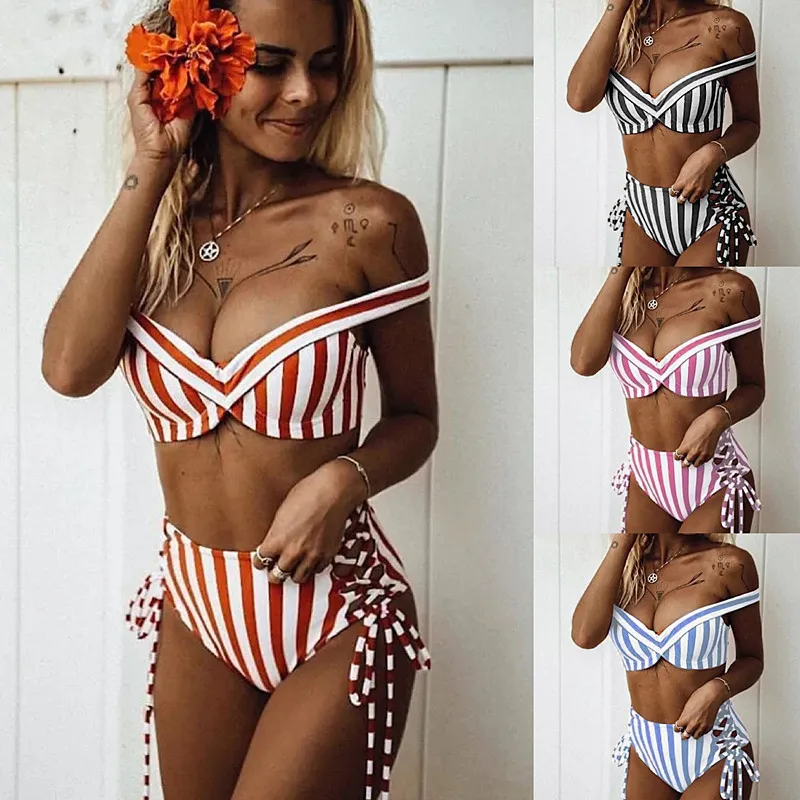 

Swimwear Women 2019 High Waist Striped Bandeau Bikini Beach Swimsuit Sexy Summer Swimming Suit Push Up Women Swimwear Female