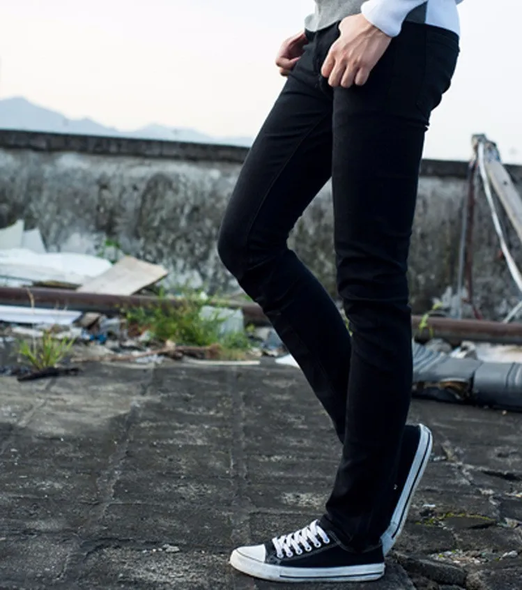 Бесплатная доставка 100% хлопок Лидер продаж Мода растянуть ноги черные брюки-Карандаш мужские джинсы Slim fit Брюки мужские облегающие узкие