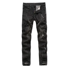HUIHONSHE High Quality Mens Ripped Biker Jeans 100% Cotton Black Slim Fit Motorcycle Jeans Men Vintage Distressed Denim Jeans