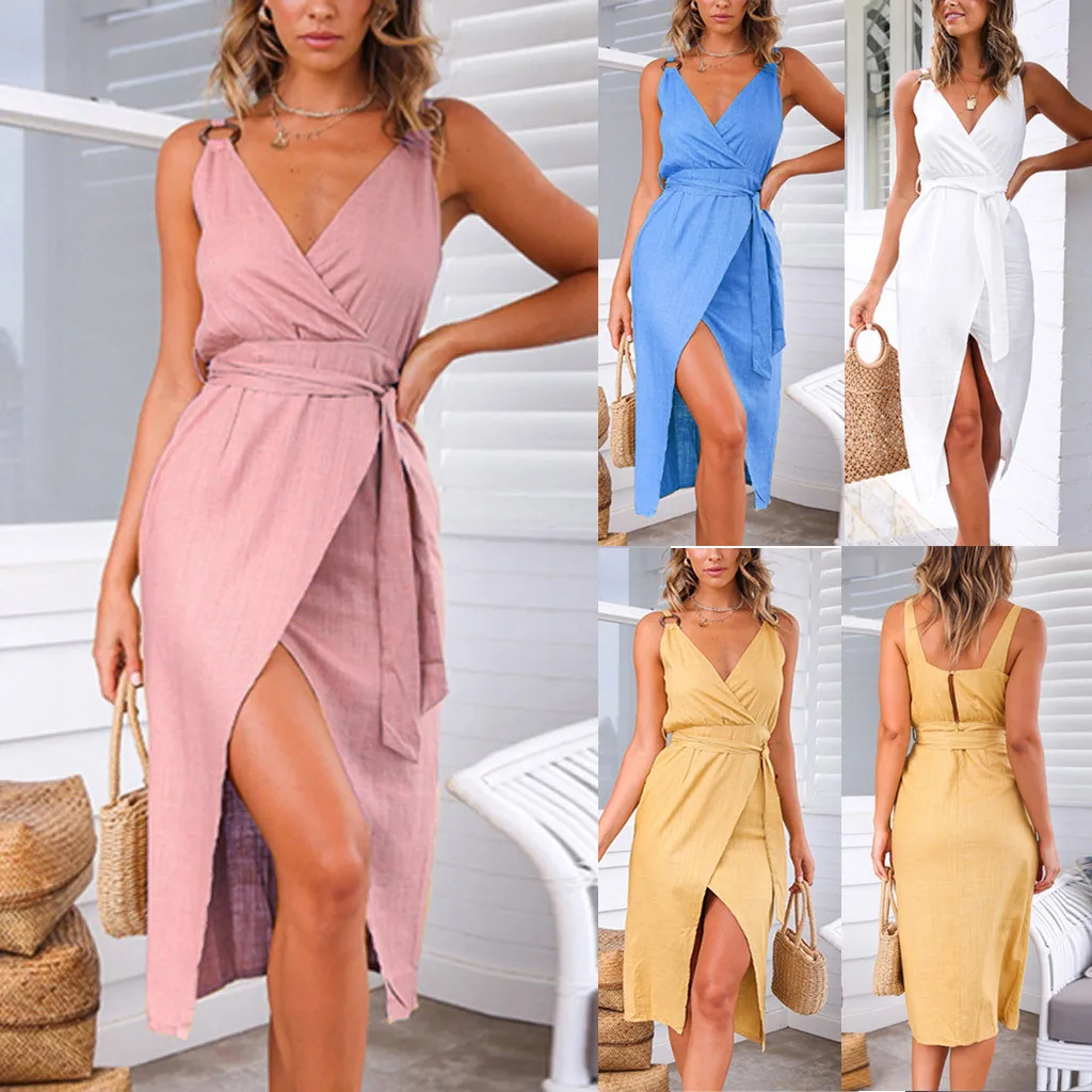 

feitong 2019 Adjustable Pure Color Fashion Women Sleeveless Sexy V-Neck Belt Bandage Ladies Split Solid Tank Dress Vestidos #@R