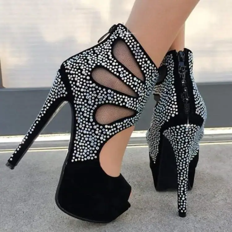 

Luxury Diamond Embellishments Black Suede Platform Sandals Fish Toe Cover Heel Back Zipper Gladiators Cut-outs High Heels Shoes